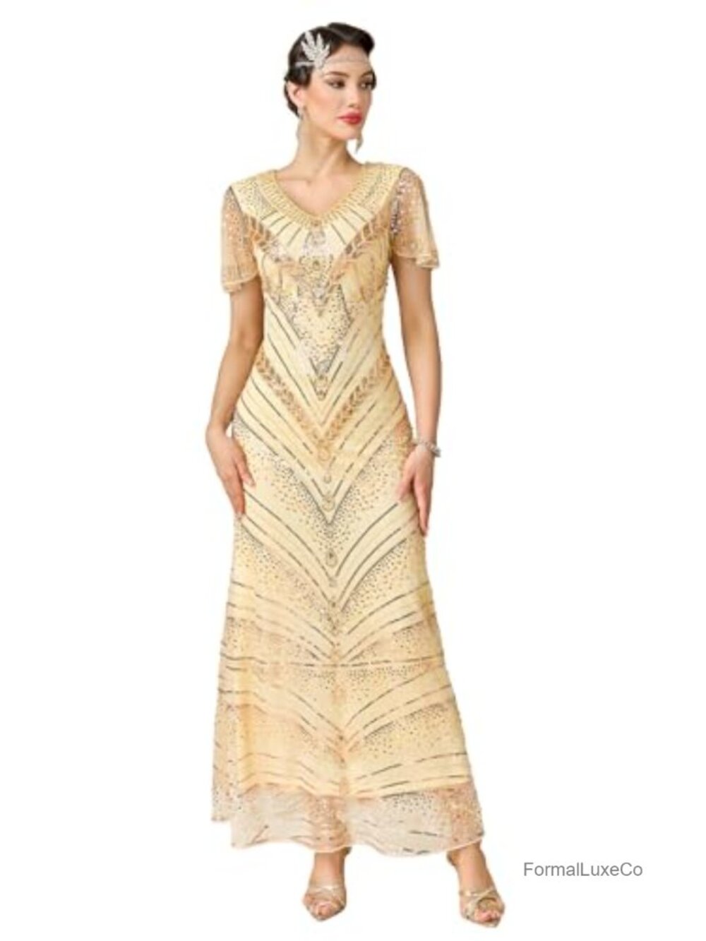 Flapper Dress 1920s V-Neck Sequin Beaded Maxi Evening Party Dress